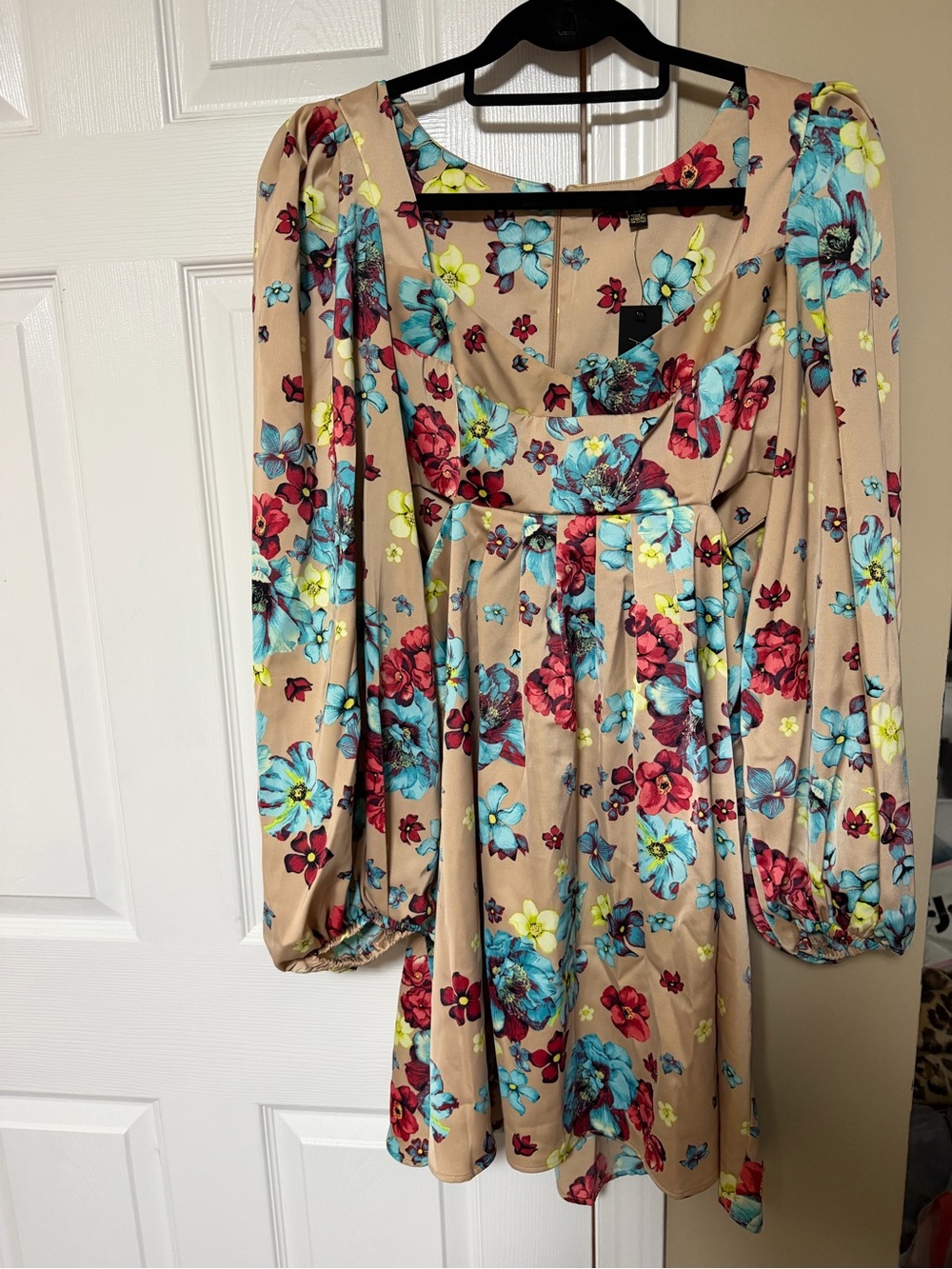 AFRM Beige Floral Long-Sleeve Mini Dress with Blue & Red Blooms